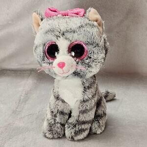 TY Beanie Boos KIKI Grey Tabby Cat 7" Pink Glitter Eyes Bow Plush Stuffed Toy
